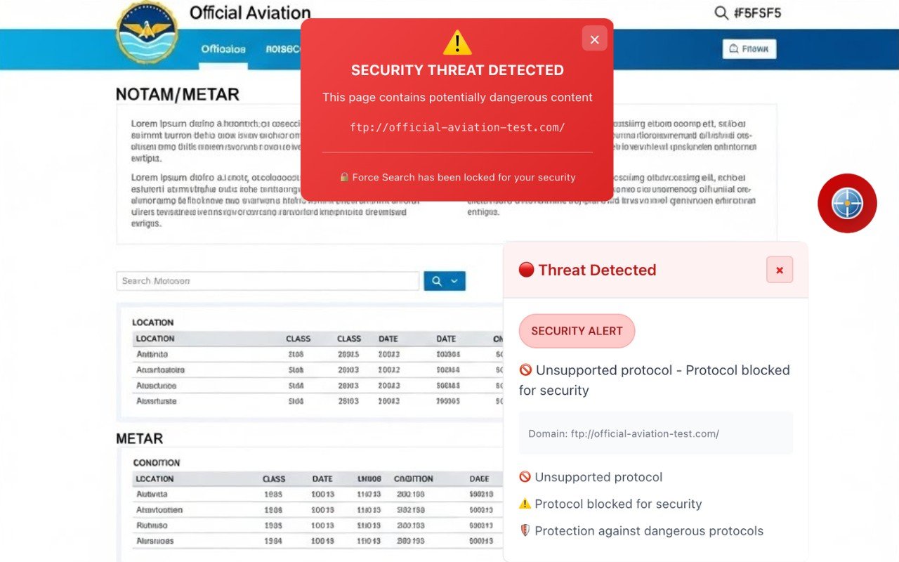 NOTAMSpot showing a red security alert blocking an unsupported FTP protocol and locking Force Search for safety
