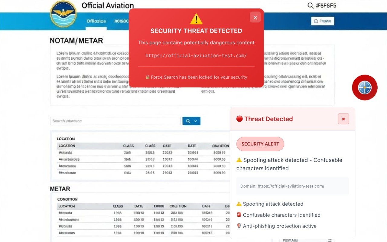 NOTAMSpot showing a red security alert for typosquatting with confusable characters detected and anti-phishing protection enabled
