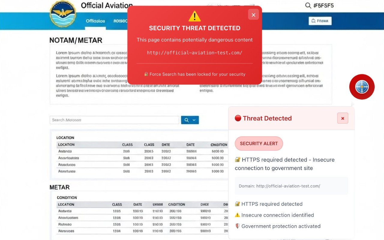 NOTAMSpot security alert showing HTTPS enforcement blocking an insecure HTTP connection on a whitelisted aviation domain