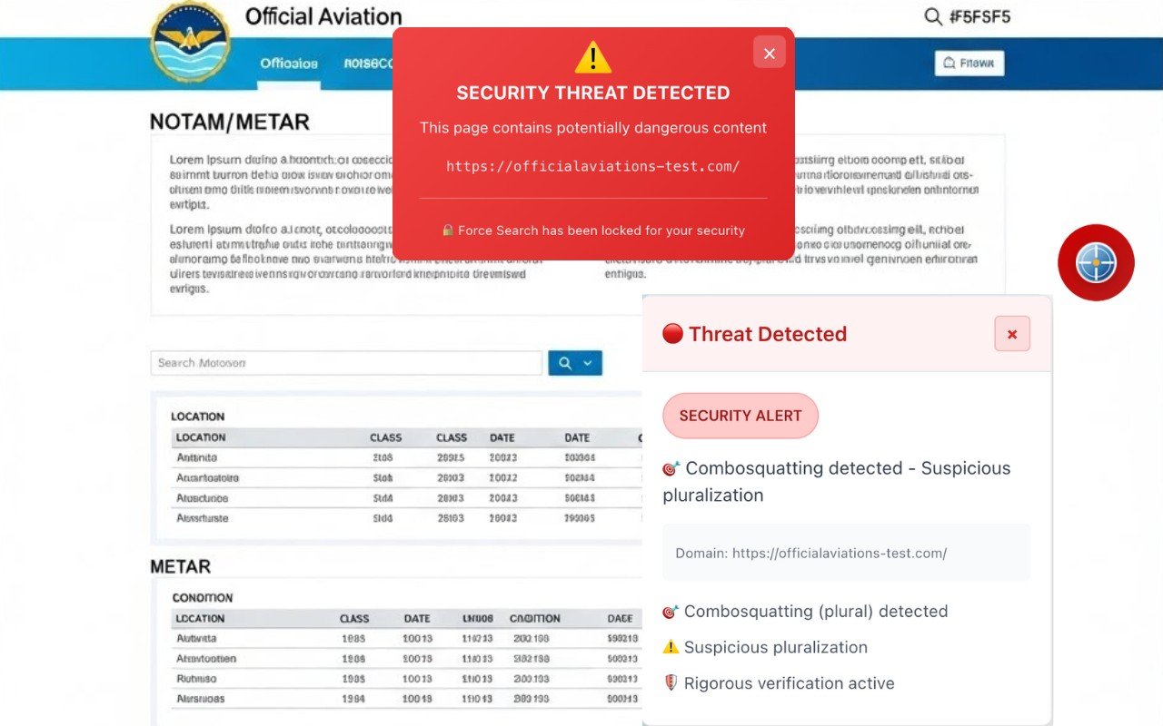 NOTAMSpot showing a red security alert detecting combosquatting with suspicious hyphen or pluralization and locking Force Search