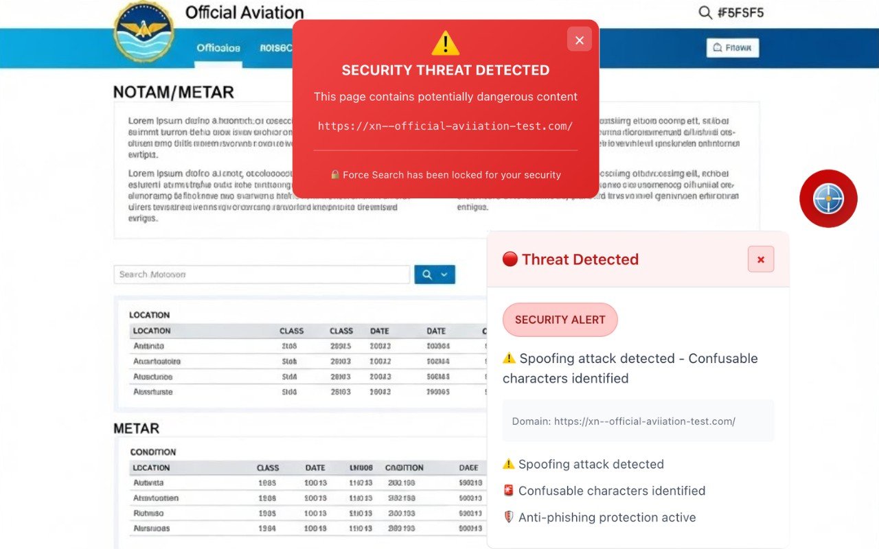 NOTAMSpot red security alert detecting a punycode xn-- domain and blocking a potential homograph typosquatting attack