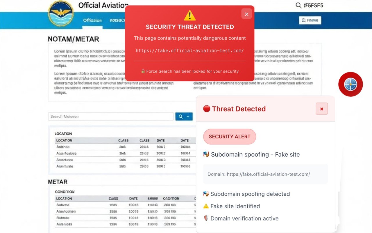 NOTAMSpot showing a red security alert for subdomain spoofing, flagging a fake site and locking Force Search