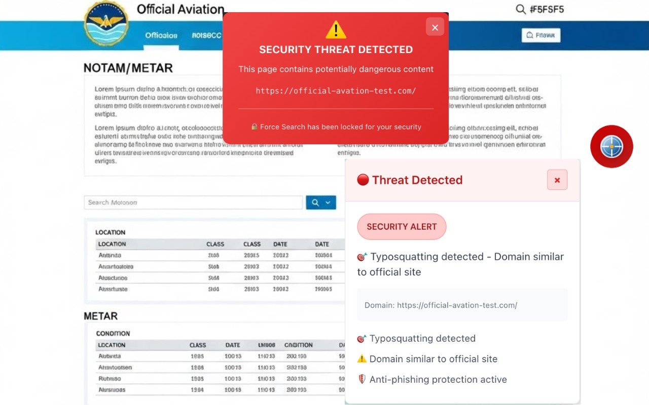 NOTAMSpot showing a red security alert detecting typosquatting on a lookalike aviation portal domain and locking Force Search 