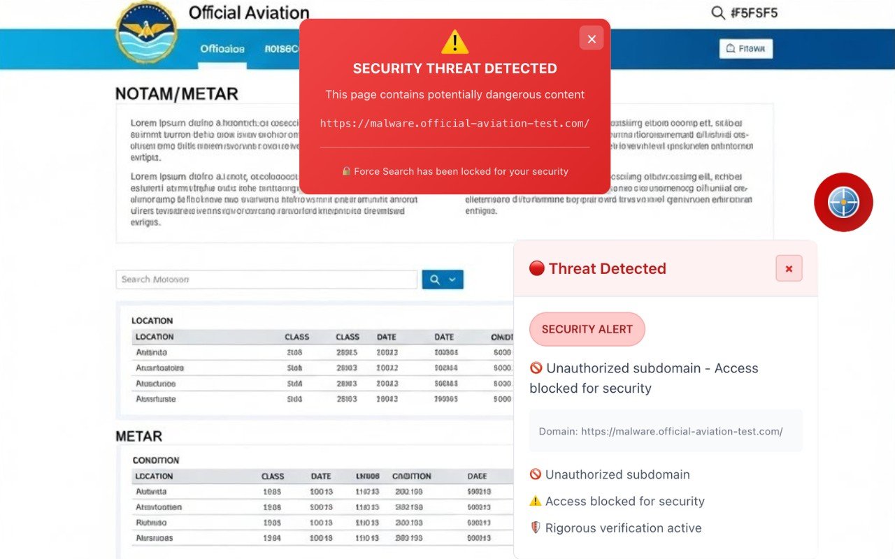 NOTAMSpot showing a red security alert blocking an unauthorized subdomain and locking Force Search for user safety