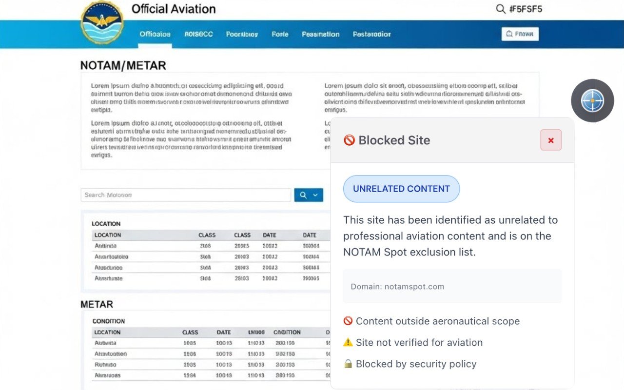 NOTAMSpot showing a "Blocked Site" panel for a non-whitelisted domain outside the aviation content scope