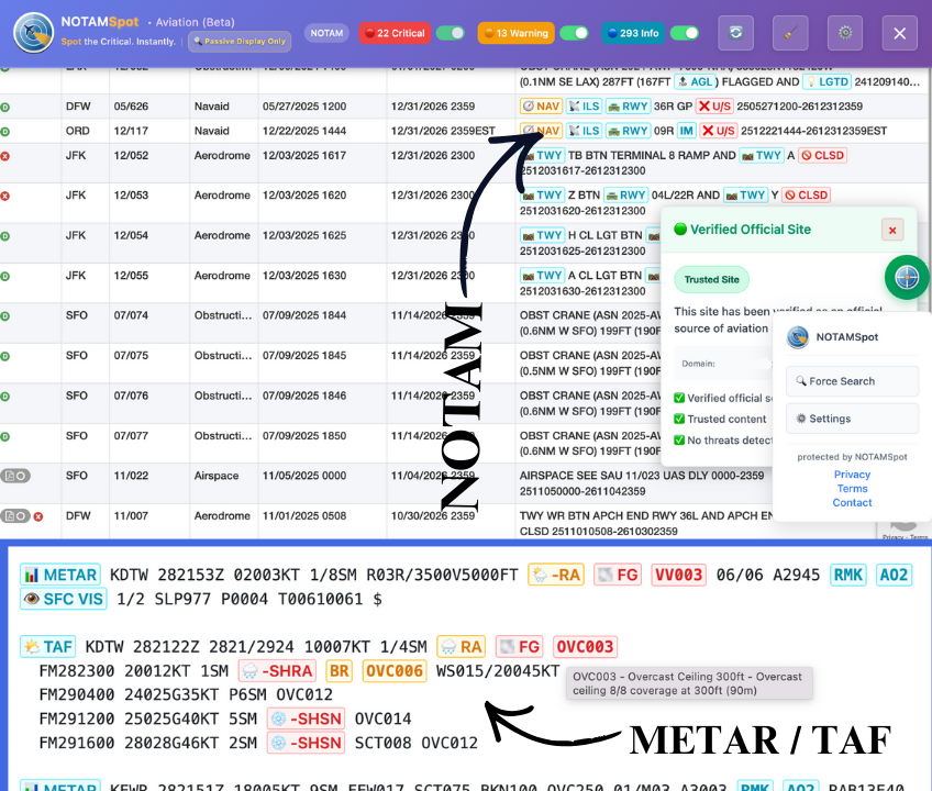 http://NOTAMSpot%20browser%20extension%20decoding%20FAA%20NOTAMs%20METARs%20TAFs%20with%20color-coded%20risk%20highlights%20and%20verified%20status%20for%20pilots